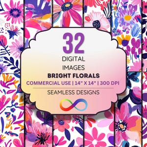 Bright Floral Seamless Digital Paper Bundle, 32 Colorful Flower Pattern Backgrounds, 14&quot;x14&quot; JPEG, 300 DPI, Instant Download, Commercial Use