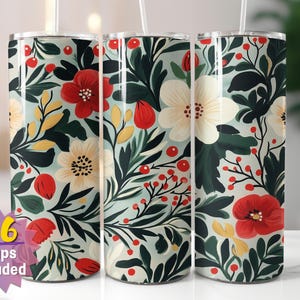 Emballage floral pour verres de Noël | Sublimation PNG | Fleur rouge et blanche festive | Droit et conique | Comprend 16 emballages gratuits en prime