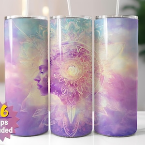 Gobelet d'emballage en forme de mandala de la déesse cosmique | Sublimation spirituelle PNG | Options de bords droits et coniques | 16 emballages en prime inclus
