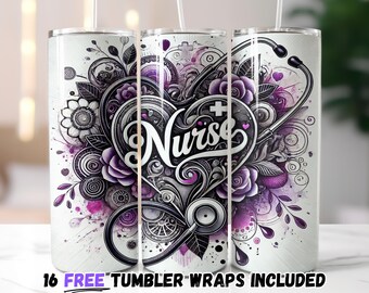 Elegant Nurse Heart Tumbler Wrap | Sublimation PNG for 20oz Tumblers | Straight and Tapered Designs | Instant Download