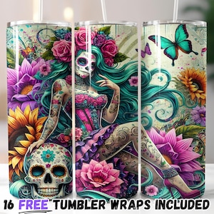 Day of the Dead Floral Tumbler Wrap | Sugar Skull Sublimation PNG Design | 20oz Straight & Tapered | Instant Download