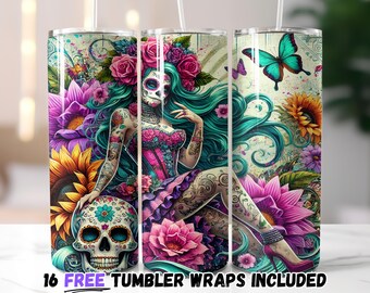 Day of the Dead Floral Tumbler Wrap | Sugar Skull Sublimation PNG Design | 20oz Straight & Tapered | Instant Download
