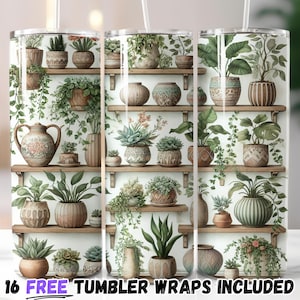 Plantilla de diseño de sublimación delgada para envolver vasos de 20 oz con estante para plantas Boho, vaso PNG con suculentas y vegetación, descarga digital