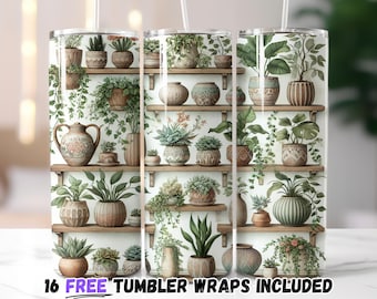 Boho Plant Shelf 20oz Tumbler Wrap Skinny Sublimation Design Template, Succulent and Greenery Tumbler PNG, Digital Download