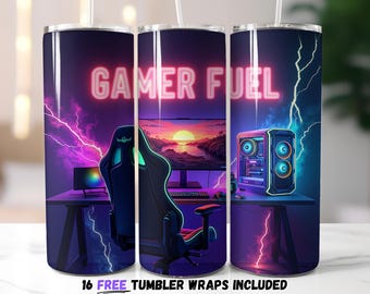 Gamer Fuel Tumbler Wrap Design | Sublimation PNG | Neon Gaming Setup with RGB Lights | Vibrant Gaming Sublimation PNG | Instant Download