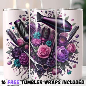 Floral Hair Stylist Tools Tumbler Wrap | Design de sublimação de cosmetologia, modelo de Tumbler Wrap Hair Boss, cabeleireiro PNG