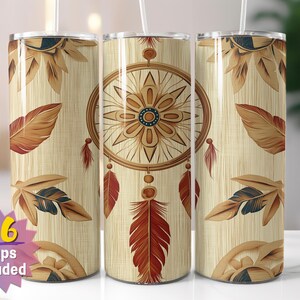Emballage pour gobelet attrape-rêves rustique | Sublimation de plumes bohèmes PNG | Options de bords droits et coniques | 16 emballages en prime inclus