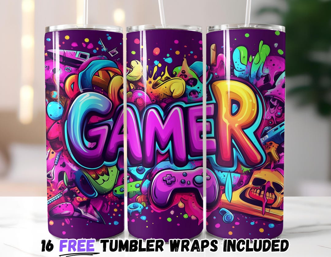 Gamer Neon Graffiti Tumbler Wrap | Colorful Gaming Sublimation PNG ...