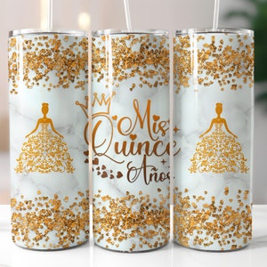 Gold Mis Quince Anos 20oz Tumbler Wrap, Quinceanera Skinny Tumbler PNG, , Mis Quince Anos Png, Latina Cumpleanos