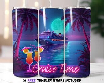 Envoltura de vaso de neón Cruise Time / Diseño de cóctel y océano tropical / Sublimación PNG / Vaso de vacaciones de verano PNG / Descarga digital instantánea