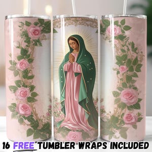 Conception d'emballage pour gobelet Notre-Dame de Guadalupe | Sublimation PNG | Thème religieux floral élégant | Thème floral religieux Vierge Marie
