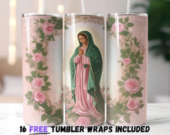 Our Lady of Guadalupe Tumbler Wrap Design | Sublimation PNG | Elegant Floral Religious Theme | Floral Religious Virgin Mary Theme