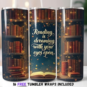 Bookish Tumbler Wrap PNG | Reading is Dreaming Tumbler Wrap Design | Sublimation PNG | Magical Bookshelf Fantasy Theme | Row of Books png