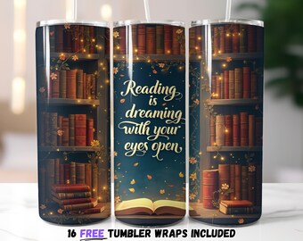 Bookish Tumbler Wrap PNG | Reading is Dreaming Tumbler Wrap Design | Sublimation PNG | Magical Bookshelf Fantasy Theme | Row of Books png