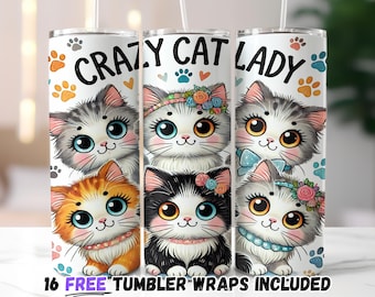 Crazy Cat Lady 20oz Tumbler Wrap Skinny Sublimation Design Template, Cute Kittens Tumbler PNG, Digital Download
