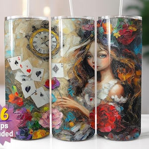 Emballage pour verres Alice au pays des merveilles | Sublimation d'horloge et de cartes fantastiques PNG | Options de bords droits et coniques | 16 emballages en prime inclus