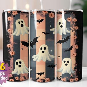Emballage pour gobelet à carreaux fantaisie fantômes et chauves-souris | Sublimation d'Halloween PNG | Options de bords droits et coniques | 16 emballages en prime inclus