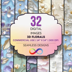 Papel Digital Floral 3D – Fundos de Flores Luxuosos, Textura de Folha de Ouro, Padrões Elegantes de Cetim para Sublimação e Artesanato