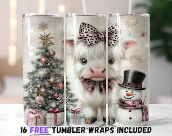 Christmas Cow Tumbler Wrap PNG, Cute Highland Cow and Snowman 20oz Skinny Tumbler Sublimation Design, Holiday Digital Download