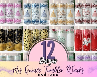 Mis Quince Anos 20oz Tumbler Wrap Bundle, Quinceanera Skinny Tumbler PNG, Mis Quince Anos Png, Latina Cumpleanos, Tumbler Wrap Download