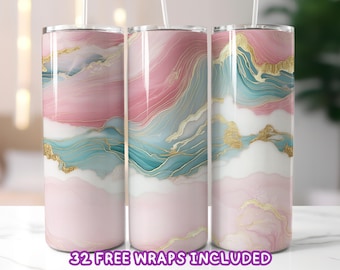 Pink and Teal Marble Tumbler Wrap, Gold Vein Sublimation Design, 20oz Tumbler Wrap PNG, Elegant Abstract Tumbler Wrap, Digital Download