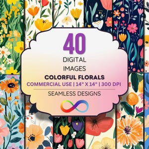 Colorful Floral Digital Paper Pack - 28 Seamless Bright Flower Patterns, 14&quot;x14&quot; JPEGs, 300 DPI, Instant Download, Commercial Use