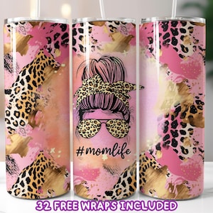 Envoltura para vaso delgado de 20 oz con estampado de leopardo y diseño de moño desordenado de Mom Life, Mom Life PNG