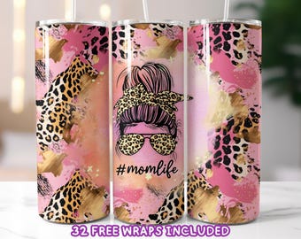 Rosa und Gold Gepard Mom Life 20 Unze Skinny Tumbler Wrap, Leopardenmuster Mom Life Messy Bun Tumbler Sublimationsdesign, Mom Life PNG