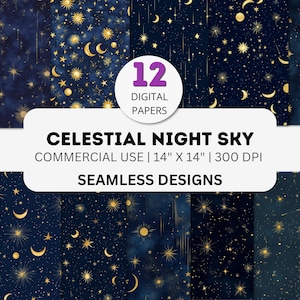 Celestial Digital papier, naadloos ster- en maanpatroon, 12 JPG, 4K, 300 DPI, gouden nachtelijke hemelachtergrond, kosmisch astrologisch ontwerp