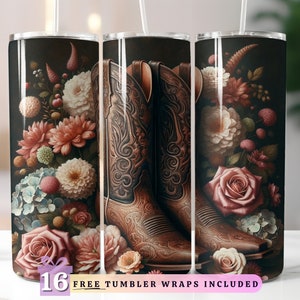 Cowgirl Boots and Hat Tumbler Wrap, Sublimation Digital Download, 20oz Skinny Tumbler Design, Instant Digital Download, Country Western PNG