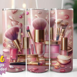 Emballage pour verres à maquillage rose | Sublimation PNG | Design cosmétique glamour | Droit et conique | Comprend 16 emballages gratuits en prime