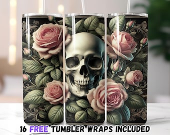 Skull and Roses Tumbler Wrap | Gothic Floral Sublimation PNG | 20oz Straight & Tapered Designs | Instant Download