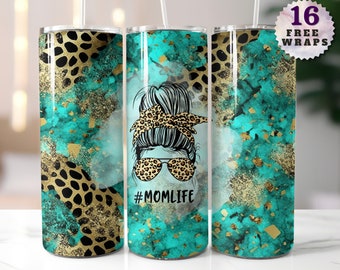 Blaues Gepard Mom Life 20 Unzen Skinny Tumbler Wrap, Leopardenmuster Messy Bun Tumbler Sublimationsdesign, Mom Life PNG, Nahtlose Tumbler Wrap