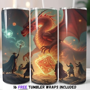 Design de envoltório de copo de dragão e dados épico | Sublimação PNG | Cena de batalha de RPG de fantasia | Envoltório de copo de mestre de jogo 20oz Sublimação PNG Digital