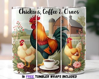 Chickens Coffee & Chaos Farmhouse Tumbler Wrap | Rustic Rooster and Coffee Beans Digital Download | Country Kitchen Sublimation PNG