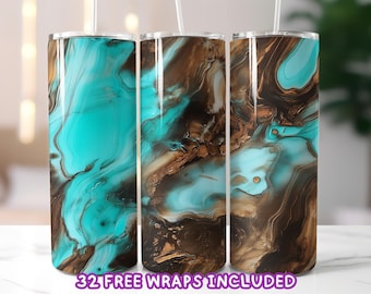 Turquoise and Wood Tumbler Wrap PNG, Resin Marble Tumbler Sublimation, Teal and Brown Epoxy Swirl, 20oz Skinny Tumbler Digital Download