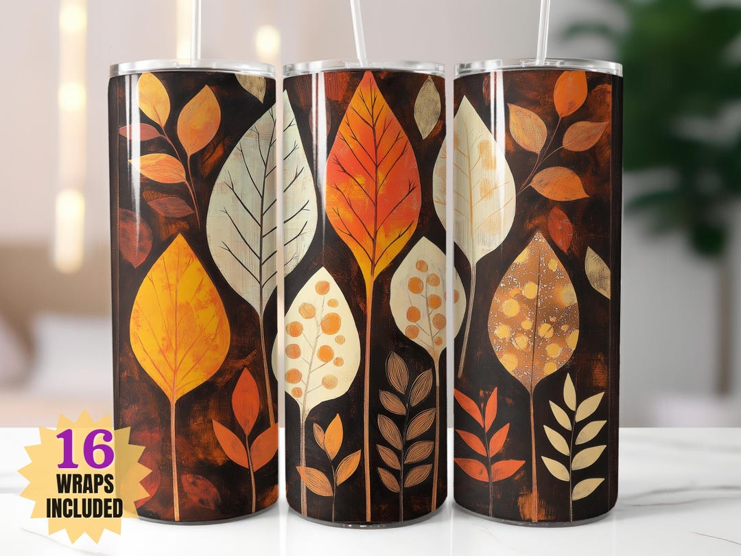 Stylized Autumn Leaves Tumbler Wrap PNG | Modern Fall Sublimation Wrap ...