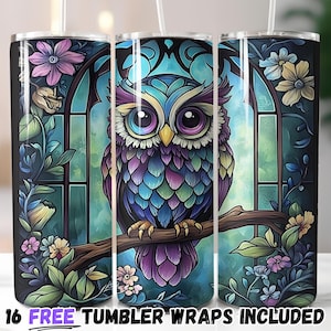 Emballage pour verres hibou coloré | 20 oz sublimation PNG | Conception florale de vitrail | Téléchargement instantané + designs bonus
