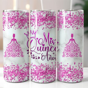 Pink Mis Quince Anos 20oz Tumbler Wrap, Quinceanera Skinny Tumbler PNG, , Mis Quince Anos Png, Latina Cumpleanos