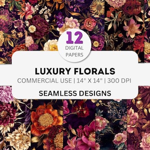 Carta digitale floreale di lusso, motivo peonia bordeaux senza soluzione di continuità, 12 JPG, 4K, 300 DPI, fiori effetto lamina d'oro, elegante sfondo vintage
