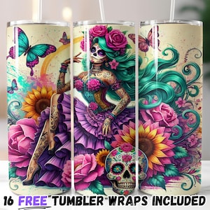 Lebendiger Tag der Toten Becher | Zuckerschädel und Blumensublimation PNG | 20 Unzen gerade & konisch | Sofort Download
