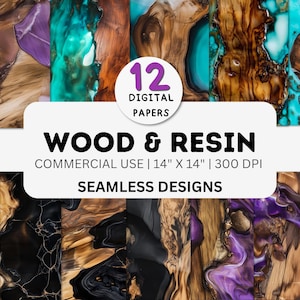 Digitaal papier hout en hars, naadloze rivierpatronen, 12 JPG, 4K, 300 DPI, Live Edge Wood-achtergrond, texturen van epoxyhars, commercieel gebruik
