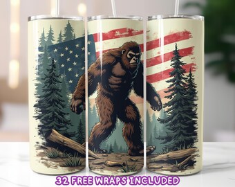 Patriotic Bigfoot Tumbler Wrap PNG, Sasquatch USA Sublimation Design, 20oz Skinny Tumbler Wrap, American Flag Cryptid Digital Download