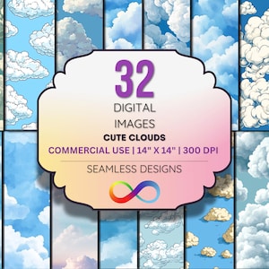 Joli papier numérique nuage - arrière-plans ciel, nuages duveteux en dessin animé, clipart météo pastel, sublimation et ensemble de scrapbooking