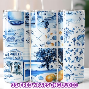 Gobelet bleu grec enveloppant PNG, sublimation de gobelet côtier méditerranéen, carrelage aquarelle de Santorin et design agrumes, gobelet skinny 20 oz
