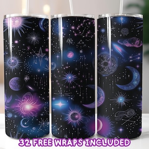 Emballage de gobelet céleste PNG, sublimation de gobelet maigre 20 oz, téléchargement numérique, conception galaxie lune cosmique et étoiles, conique et droit