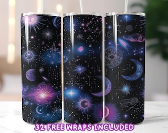 Celestial Tumbler Wrap PNG, 20oz Skinny Tumbler Sublimation, Digital Download, Cosmic Moon and Stars Galaxy Design, Tapered and Straight
