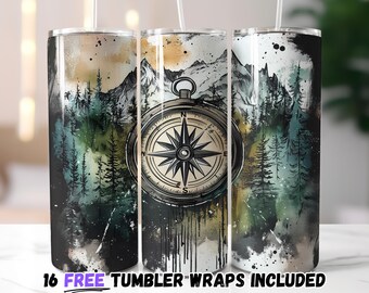 Adventure Compass Tumbler Wrap | Mountain Wilderness Sublimation PNG | 20oz Straight & Tapered Designs | Instant Download