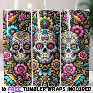 Zuckerschädel Tumbler Wrap PNG, Buntes Floral 20oz Skinny Tumbler Sublimation Design, Tag des Toten Digitaler Download