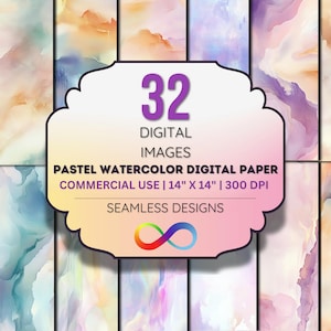 Pastel Watercolor Digital Paper Pack - 32 Seamless Soft Texture Backgrounds, Dreamy Abstract Washes, 14&quot;x14&quot; JPEGs, Instant Download